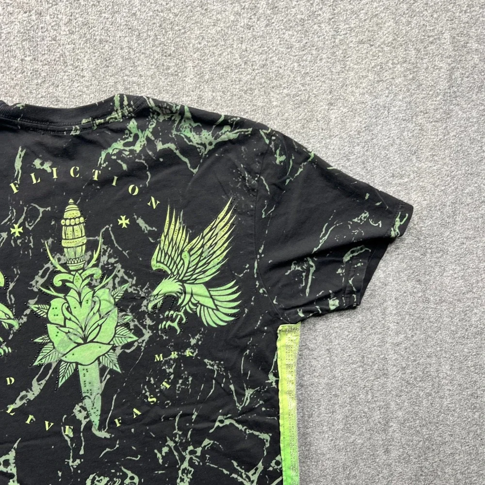 Affliction‎ T Shirt Mens Small Black Green Black Label Marble Winged Graphic Tee